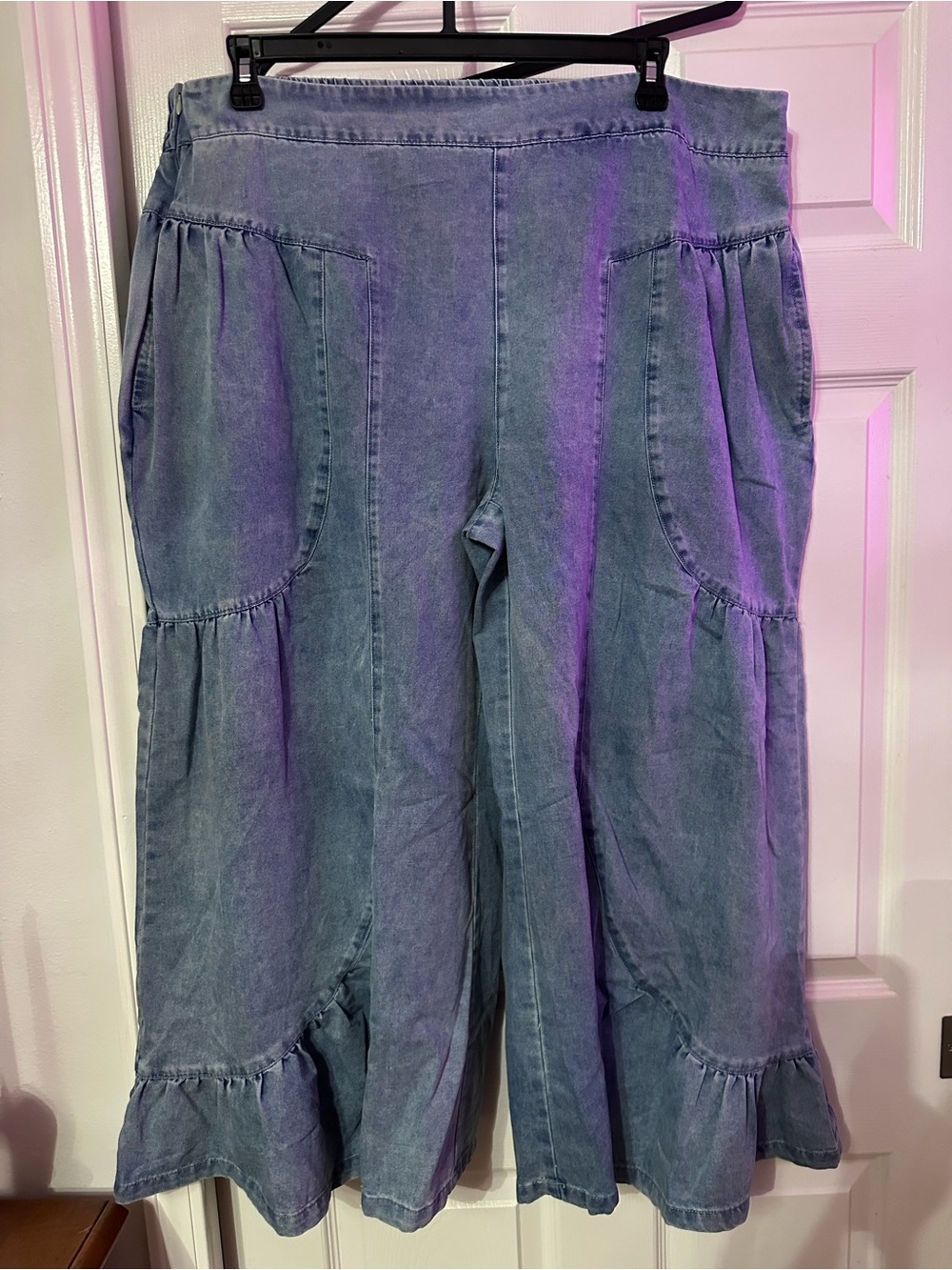 Wide Leg Flare Jeans with Ruffle Hem - Light Denim Blue